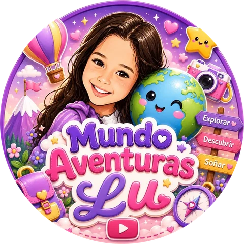 Logo de Mundo Aventuras Lu: Lu con su globo terráqueo, su mochila y un globo aerostático